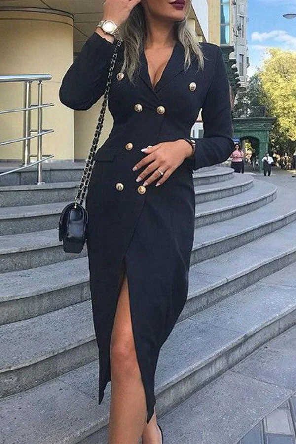 Solid Color Classic Double Breasted Midi Dress