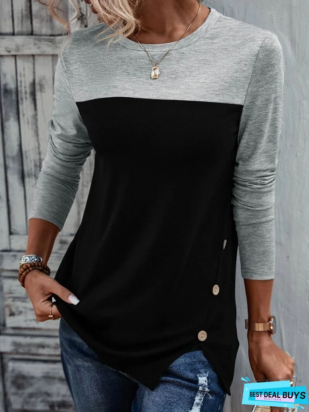 Plain Casual Color Block Jersey Crew Neck T-Shirt