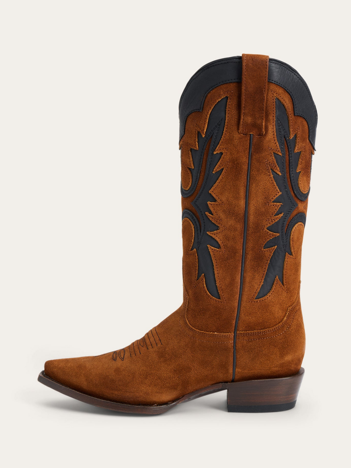 Taafo Brown Faux Suede Snip-Toe Vegan Leather Inlay Wide Mid Calf Cowgirl Boots