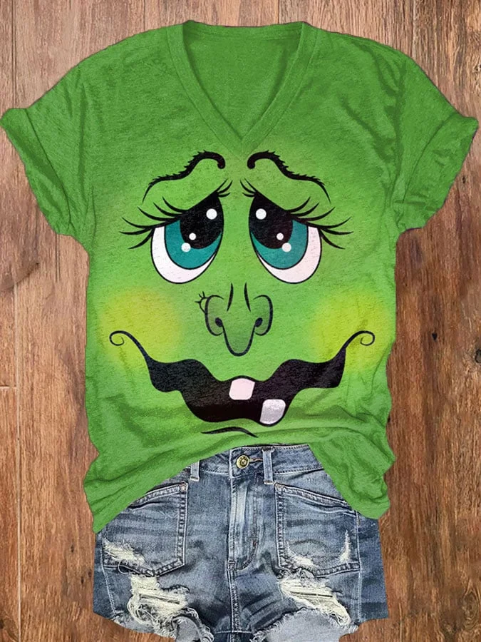 Women's Halloween Witch Face Print V-Neck T-Shirt