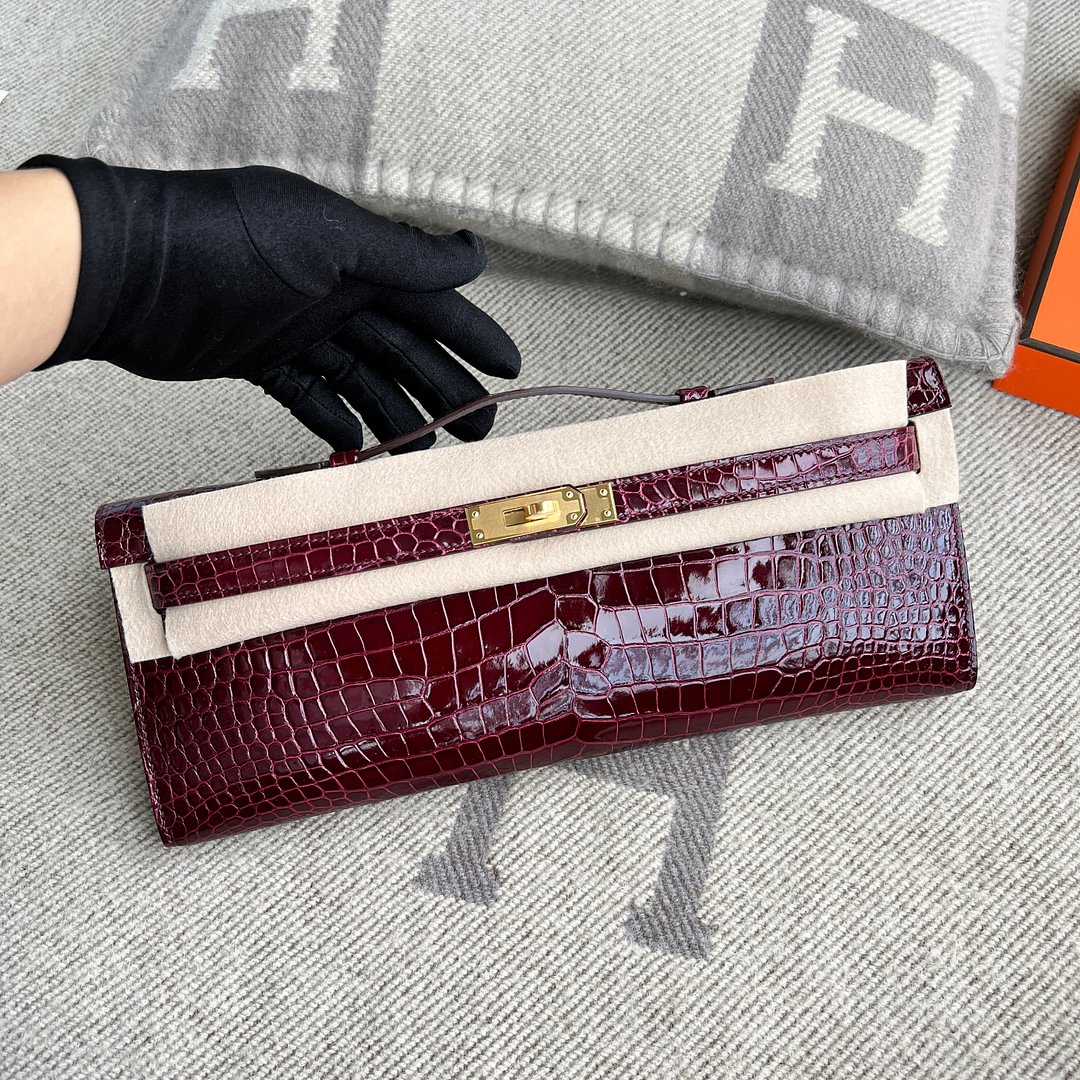 Kelly cut Shiny Porosus Crocodile 57 Bordeaux Red GHW