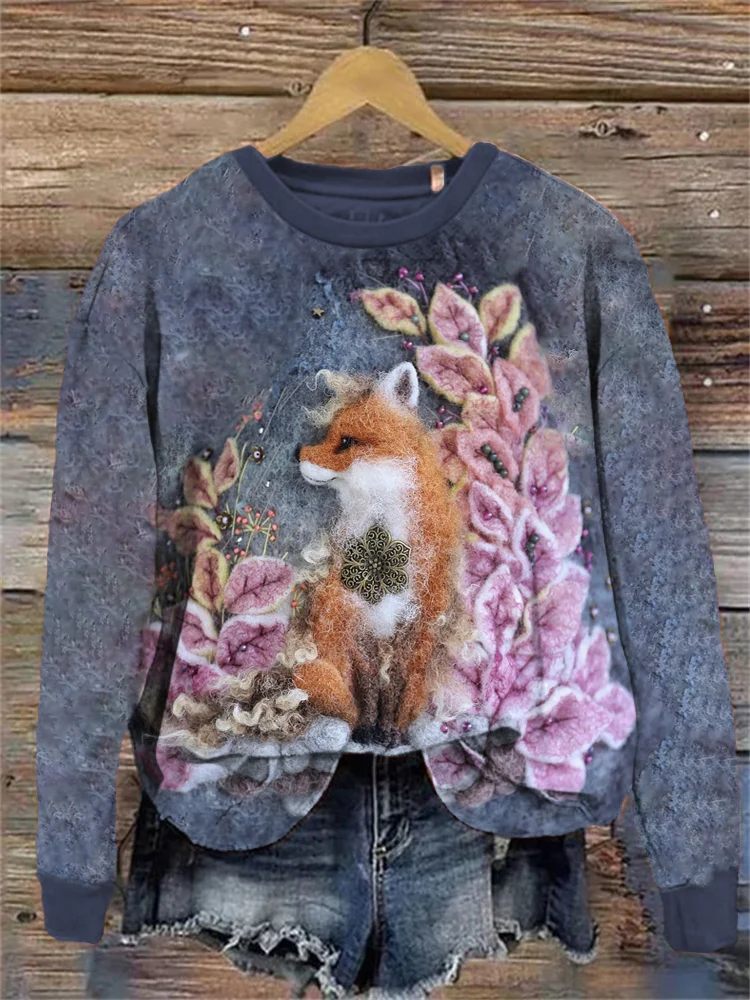 Forest Fox Filzkunst-Sweatshirt mit Rundhalsausschnitt