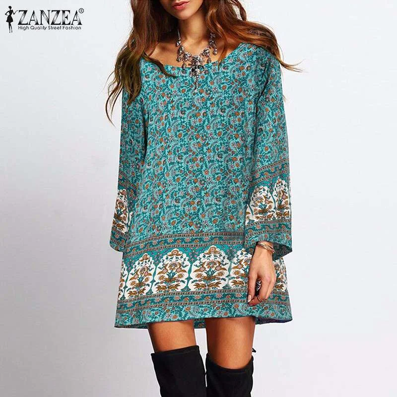 ZANZEA Women Summer Long Sleeve Floral Printed Dress Bohemian Holiday Short Vestidos Oversized Casual Beach Party Mini Dress