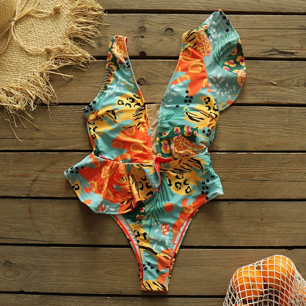 2022 New Sexy Ruffle Print Floral One Piece Swimsuit Swimwear Women Solid Deep-V Beach Wear Bathing Suit Summer Monkini