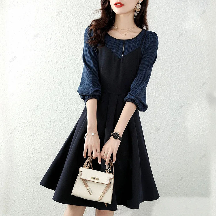 Navyblue A-Line Long Sleeve Paneled Dresses QueenFunky