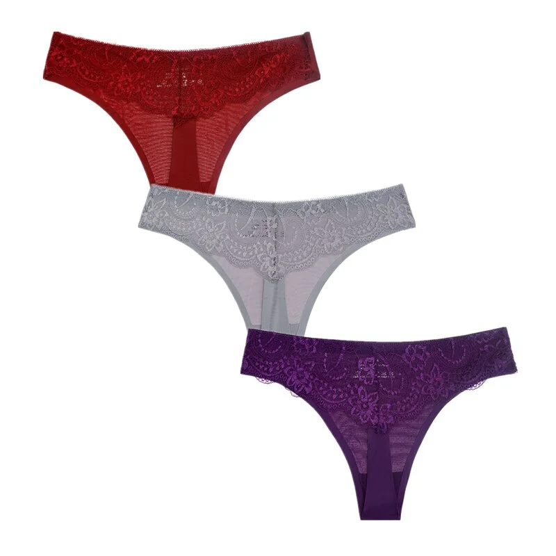 3Pcs/Lot Sexy Women G-string Thongs Lace Floral Sheer Low Waist Underwear Soft Lingerie Ice Silk Briefs Seamless Panties Soft