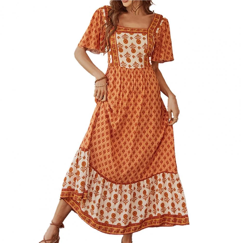 Maxi Dress Square Neck High Cut Stitching Flowy Hem Bohemian Floral Print Ruffle Short Sleeve Women Dress Ladies Clothing