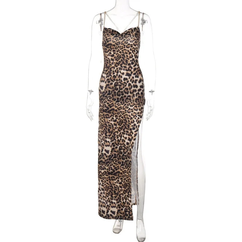 Julissa Mo Leopard Print High Split  V-Neck Sexy Bodycon Long Dress Women Lace Up Backless Dresses Female Straps Party Vestidos