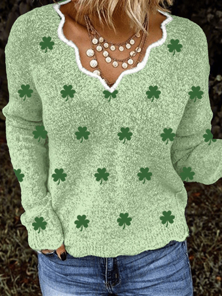 Comstylish Women's St. Patrick's Shamrock Print Shell Collar Cozy Knit Sweater