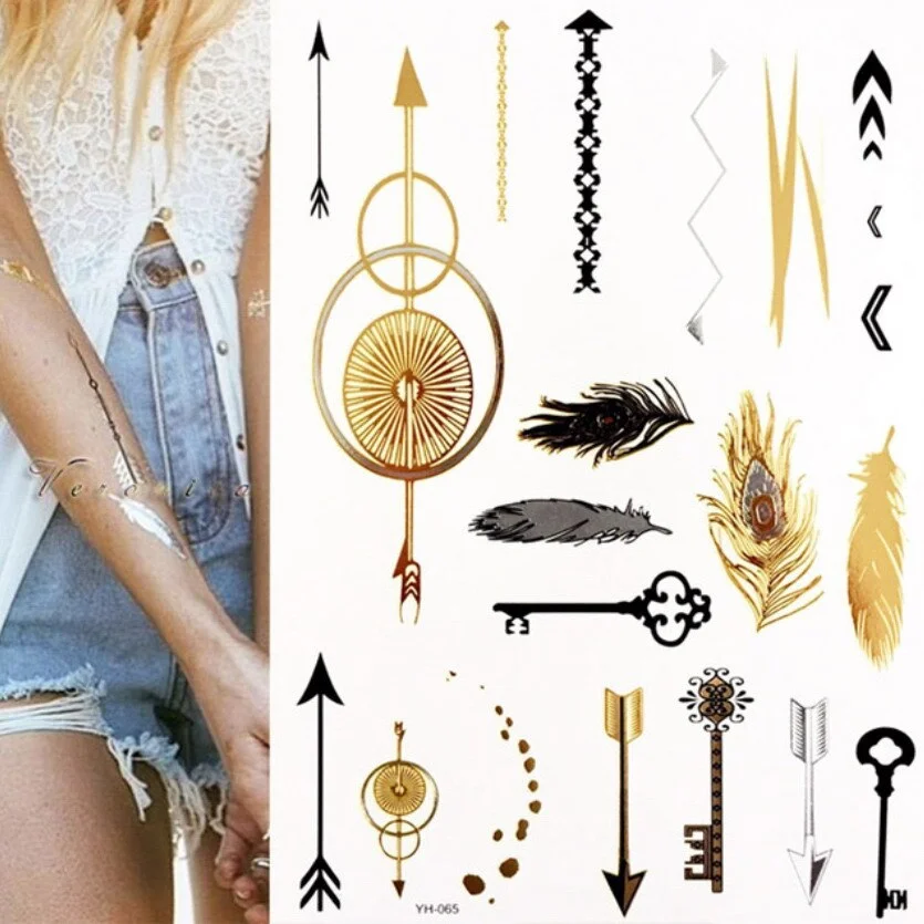 Women Body Art Gold Silver Metallic Tattoo Sticker Chain Bracelet Fake Jewelry Waterproof Temporary Tattoo Arm Sleeve Hand Wrist