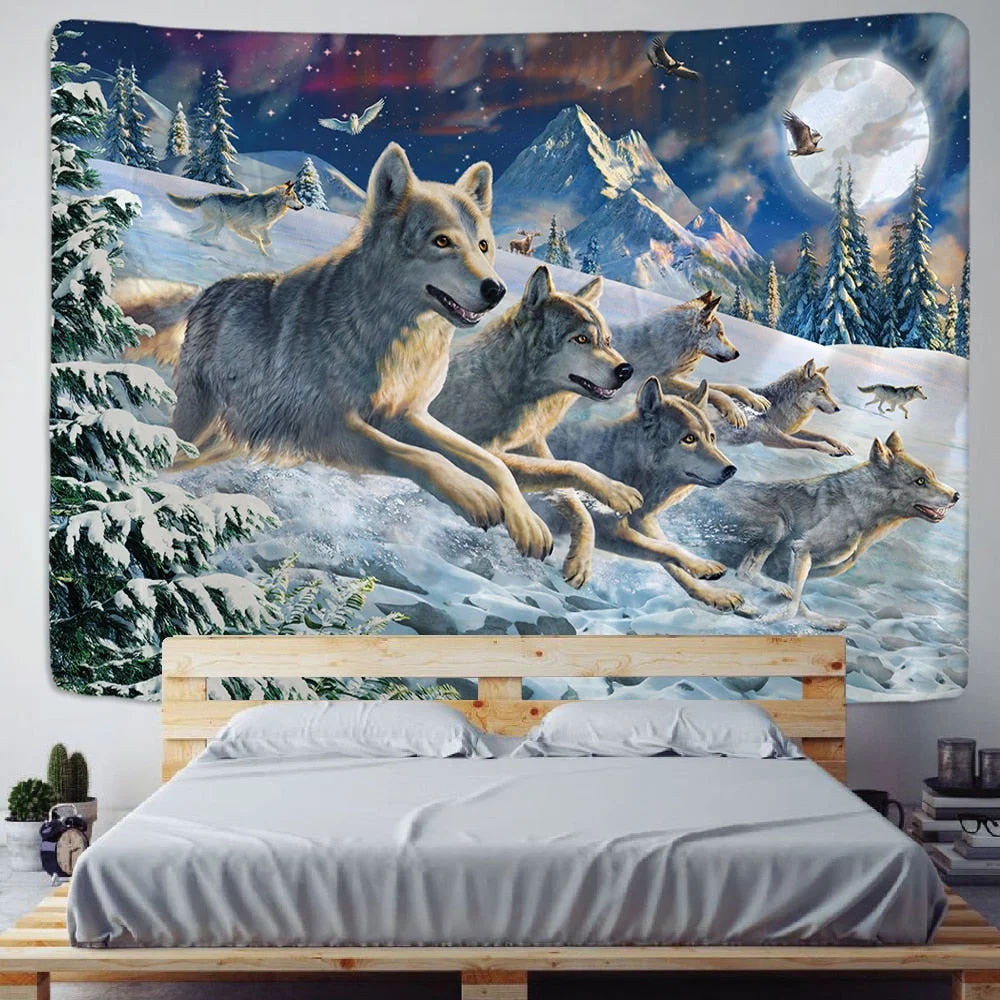 Running wolves Holy Animals Tapestry Decoration Wall Hanging Lion Wolf Tiger Pattern Background Wall Tapestry Home Textile