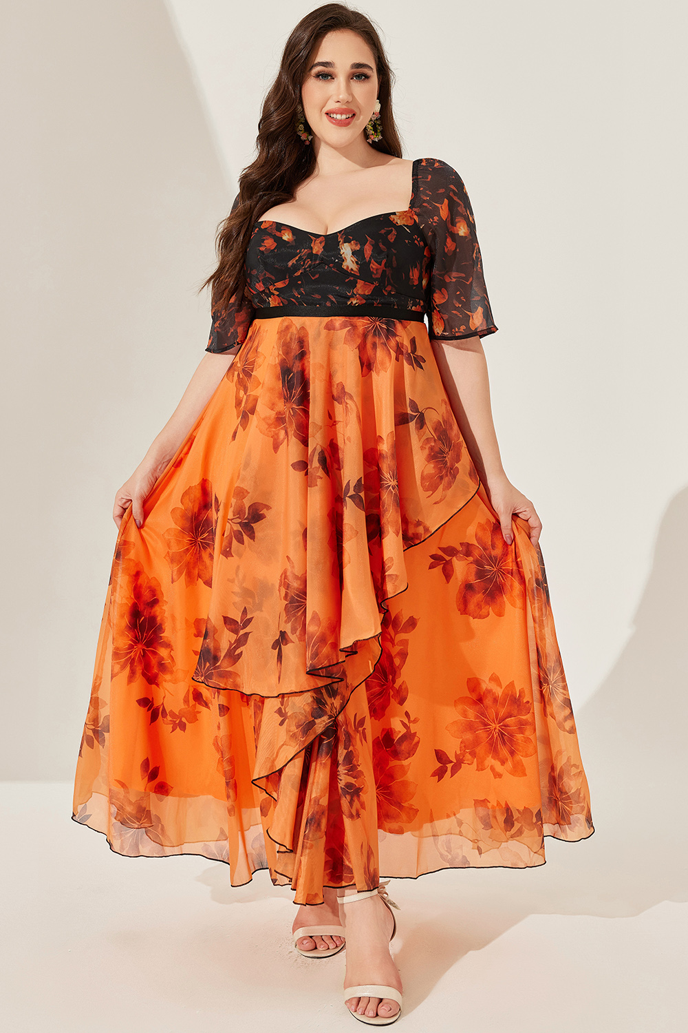 Flycurvy Plus Size Goth Orange Organza Floral Print Irregular Hem Half Sleeve Maxi Dress