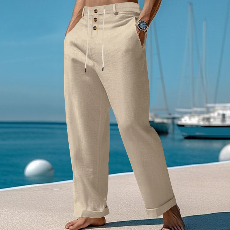 Men's Casual Solid Color Cotton And Linen Comfortable Vacation Trousers