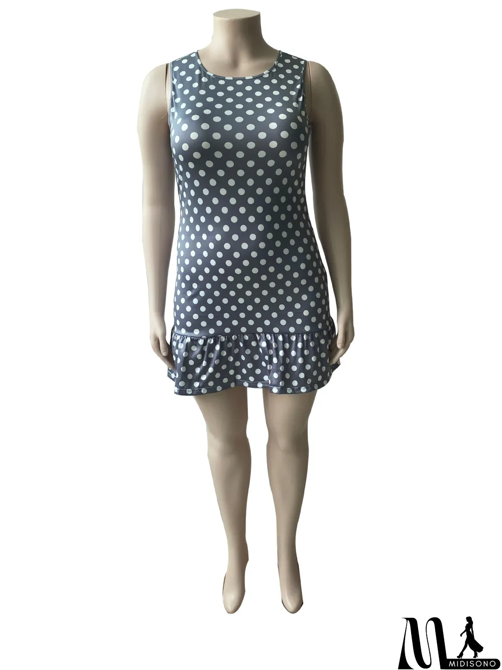 MidiSono - Plus Size Polka Dot Print Sleeveless Mini Dress (Without Belt)