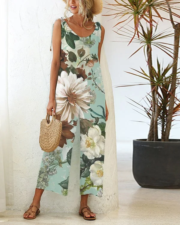Casual Loose Lace-up Straight-leg Printed Jumpsuit
