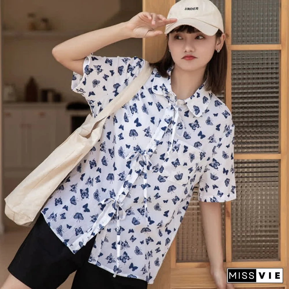 Vintage Butterfly Print Pocket Lace Up Loose Polo Shirt