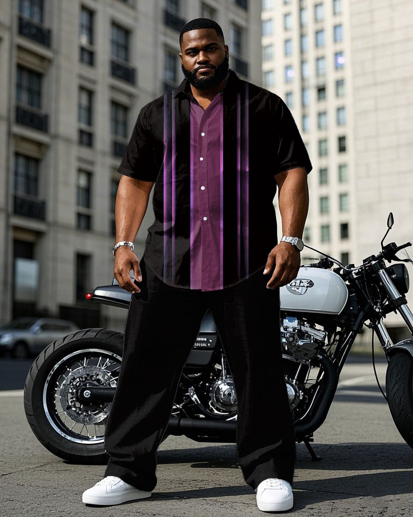 Men's Plus Size Black & Purple Colorblock Line Gradient Design Short Sleeve Shirt Pants Suit