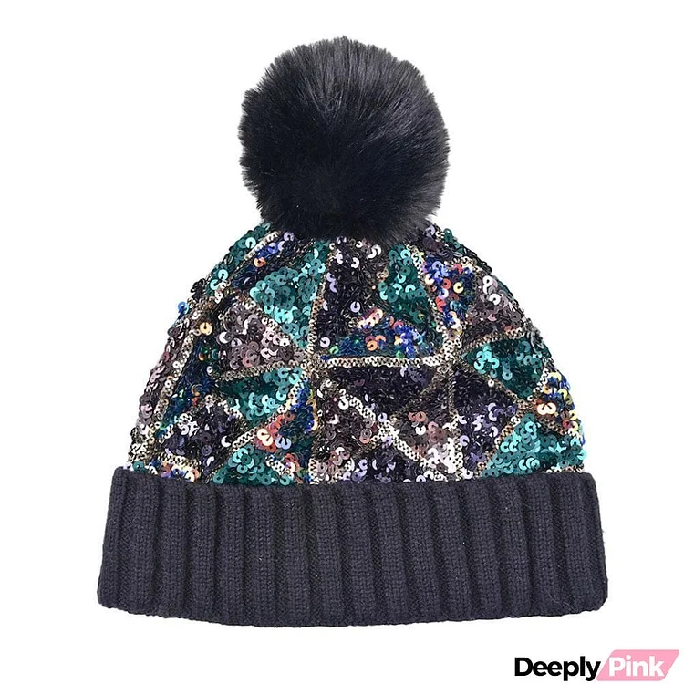 Sequined plush thickened warmth detachable knit hat