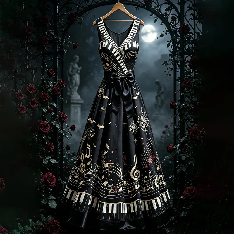 Women's Halloween Gothic Style Piano Key Note Long Dress With Bow artswardrobe