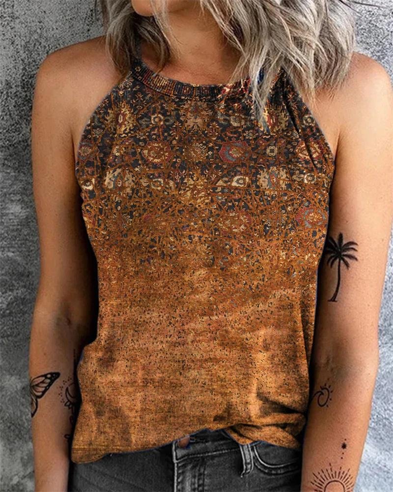 Vintage Print Halter Neck Sleeveless Tank Top