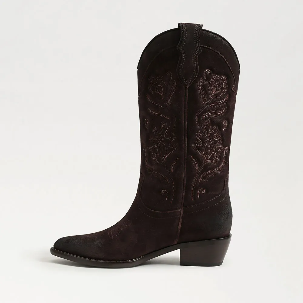 Faux Suede Mid Calf Embroidered Chocolate Brown Cowgirl Boots