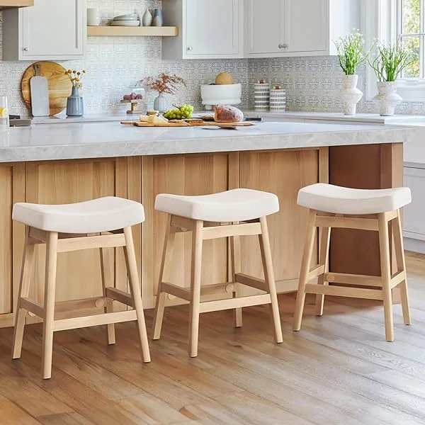 Bar Stools Set of 3, Barstools with Sturdy Wood Legs, Saddle Seat Counter Height Bar Stools for Kitchen Counter, Bar, Dining, 24 Inch Farmhouse Counter Stools, Beige Fabric Beige 3