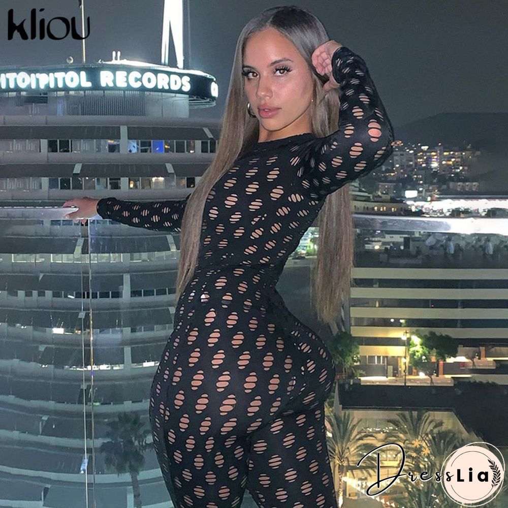 Kliou See Through Hollow Out Sexy Zipper Jumpsuit Women Turtleneck Net Plaid Hole Skinny Elastic Club Streetwear Rompers