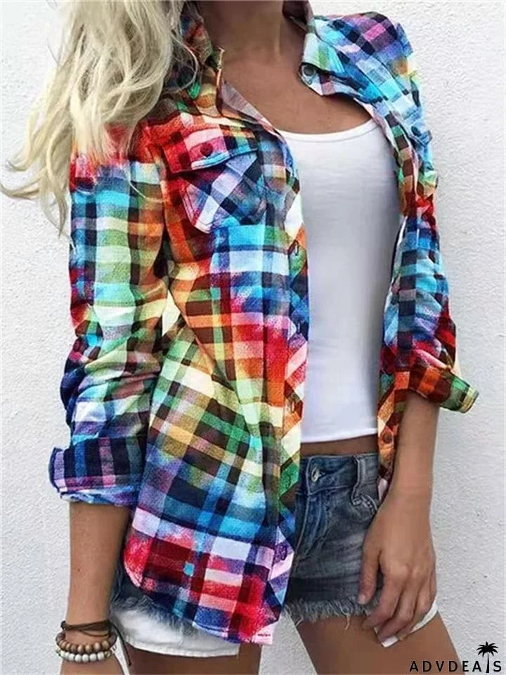 Temperament All-match Female Lapel Plaid Blouse