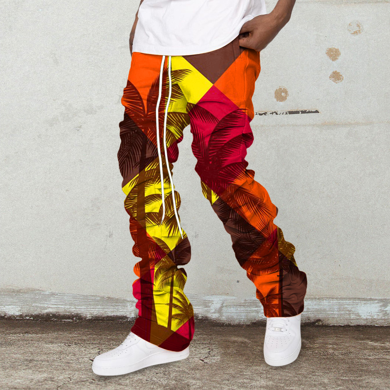 Retro Contrast Color Tide Brand Coconut Tree Pattern Pile Pants