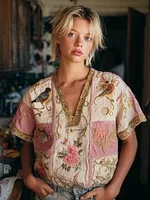 Bohemian Floral Bird Embroidery Casual V-neck Short-sleeved Top