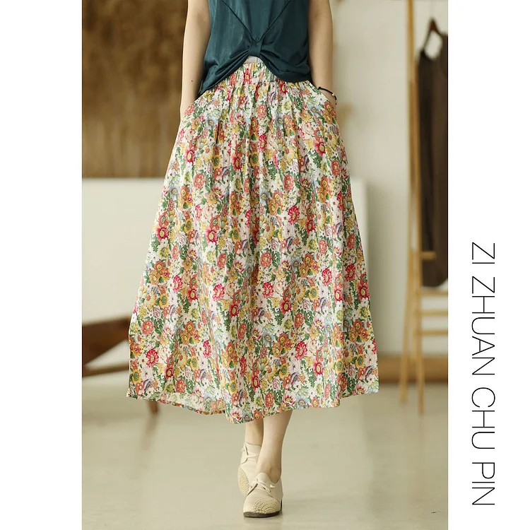 Literary Cotton Linen Floral High Waist Skirt