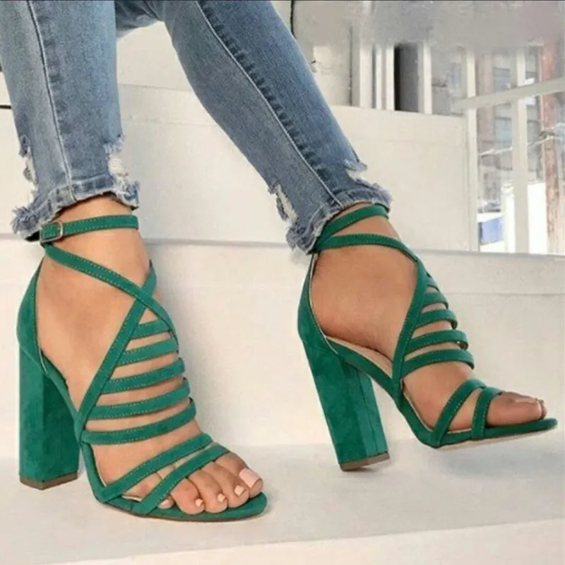 Women's Summer Cross Suede Strap Open Toe Buckle Solid Color High Heel Sandals