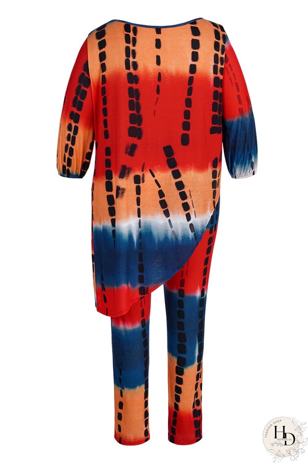 Yellow Fashion Casual Tie Dye Asymmetrical O Neck Plus Size Two Pieces