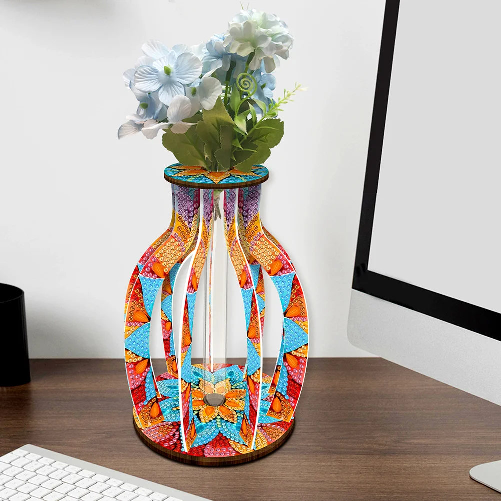 DIY Wood Mandala Diamond Painting Flower Vase Ornaments for Home Office Decor