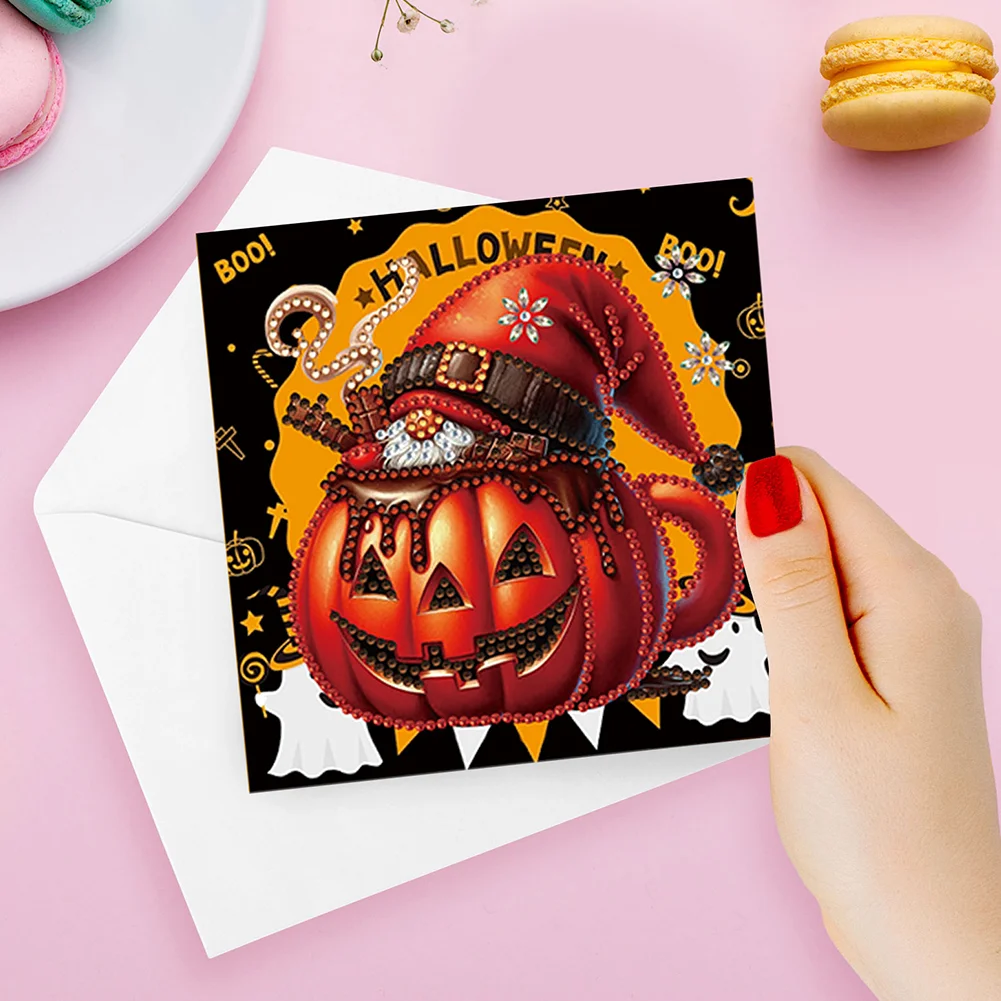 6pcs DIY Halloween Pumpkin Gnome Special Shape Diamond Painting Greeting Card Kit【With White Envelope】