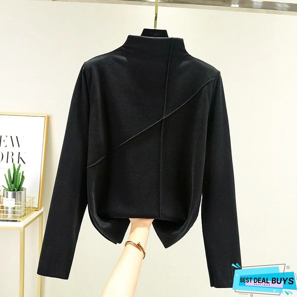 Women's T shirt Tee Light Pink dark brown A Plain Long Sleeve Daily Basic High Neck Regular Fleece lined XXL (recommended 140-160 catties)