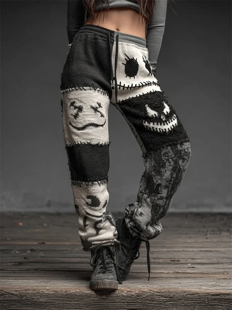 Halloween Spooky Faces Contrast Patchwork Sweatpants