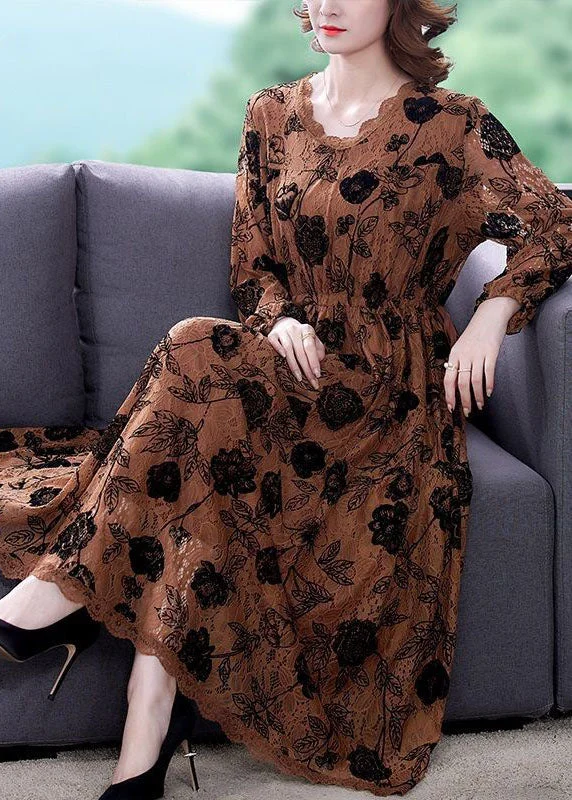 Elegant Coffee Cinched Print Lace Long Dresses Spring