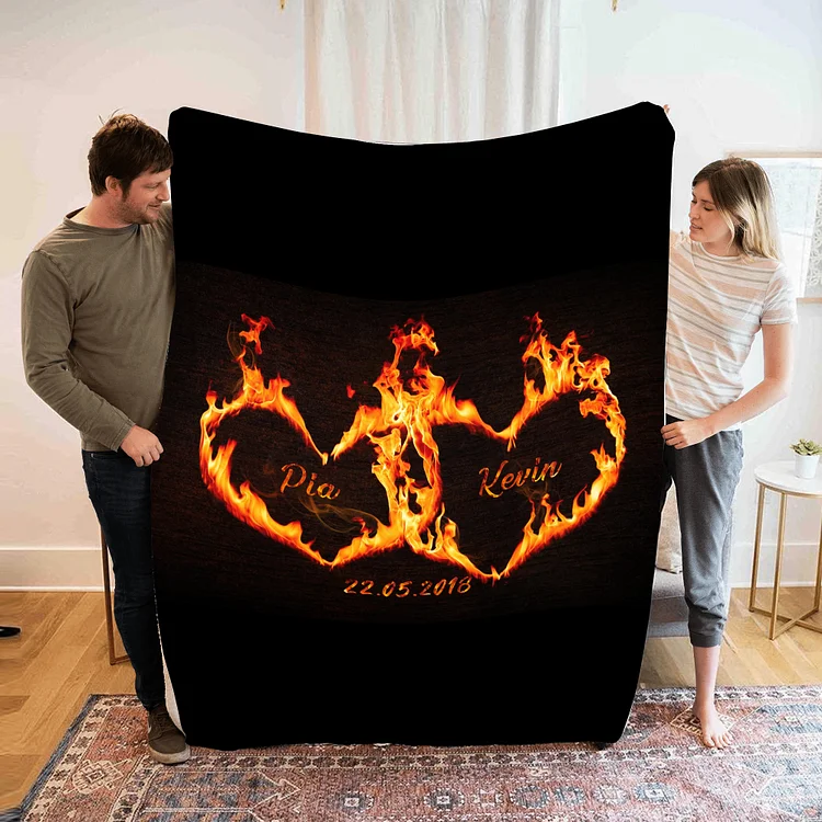 Personalized Couple Blanket Custom 2 Names & Date Blanket Burning Love Valentine's Day Anniversary Gift for Couples