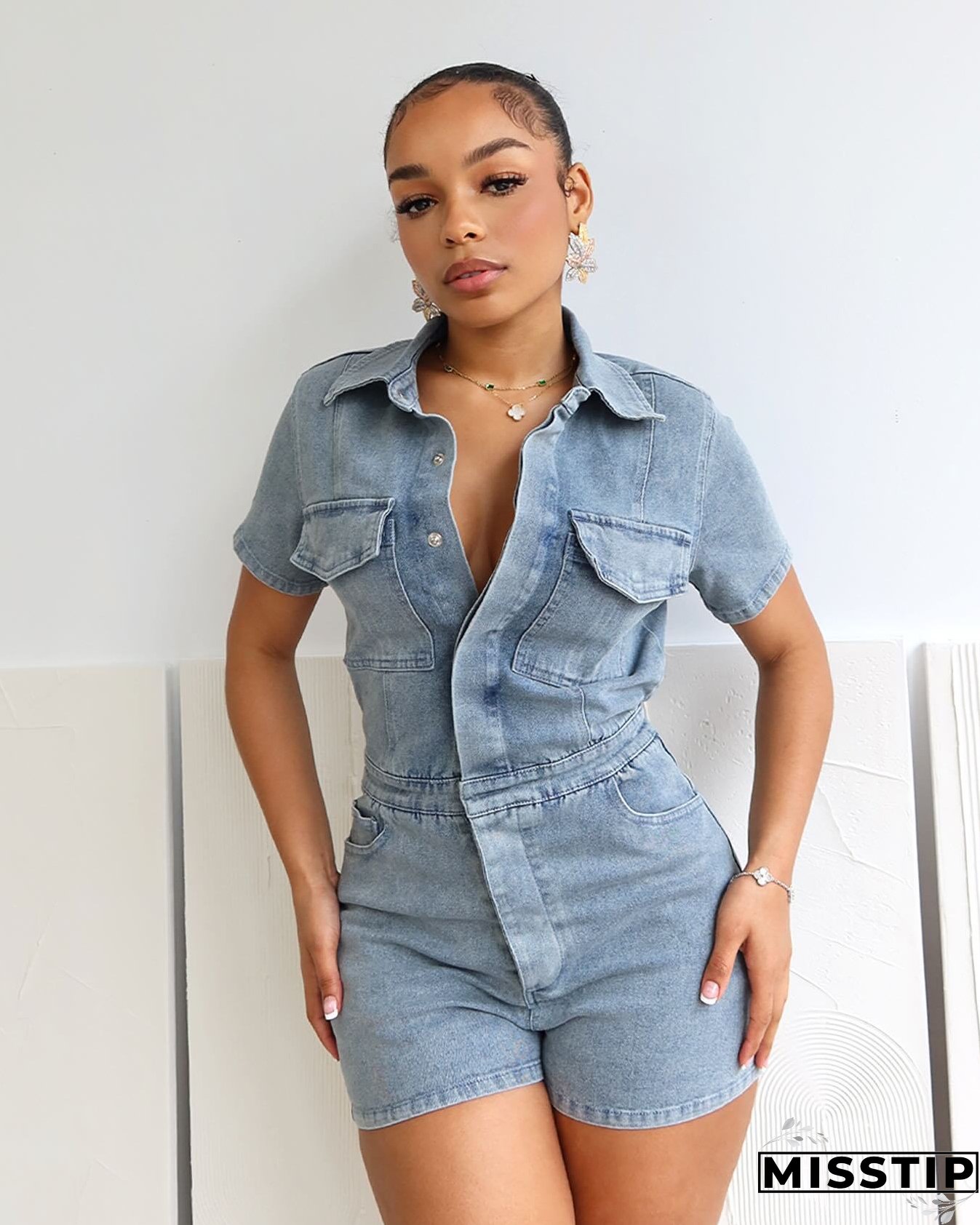 Women Stretch Denim Short Sleeve Jumpsuit