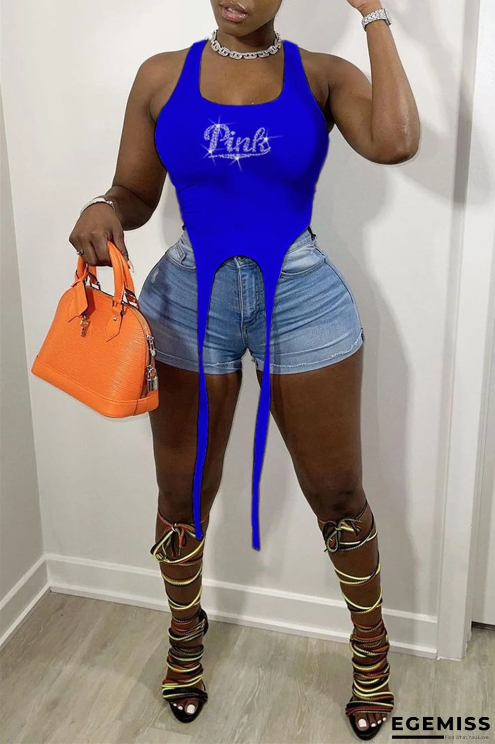 Blue Sexy Casual Hot Drilling Asymmetrical O Neck Tops | EGEMISS