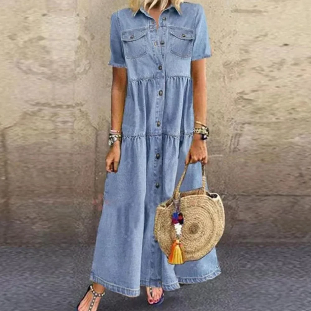 Smiledeer Spring and summer new denim multi-button lapel short-sleeved long skirt