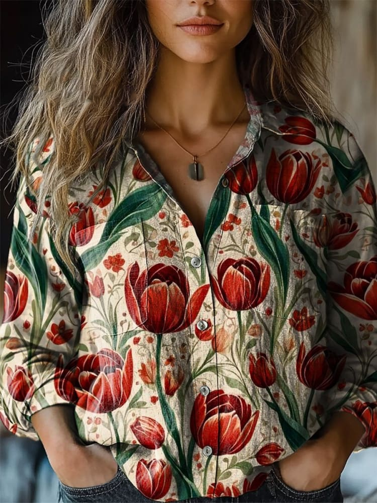 Womens Abstract Rose Pattern Print Casual Long Sleeve Comfortable Cotton Shirt