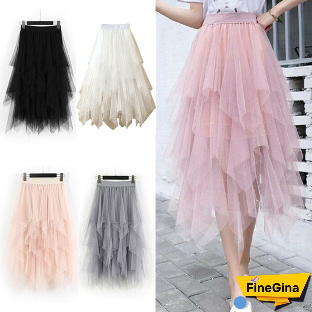 Women Summer Tulle Skirt Elastic Mesh Layered High Waist Pleated Ladies Midi Skirt