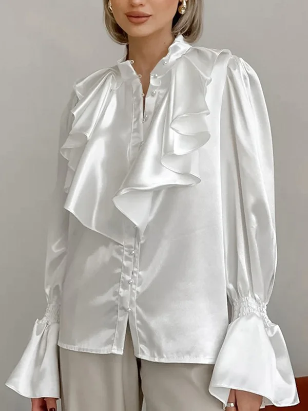 Falbala Solid Color Split-Joint Flared Sleeves Loose Stand Collar Blouses&Shirts Tops