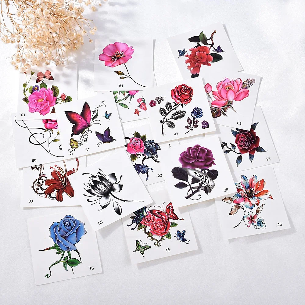 66 Sheets/Set Hot Small 3D Flower Butterfly Series Temporary Tattoo Arm Leg Finger Art Waterproof Stickers Women Girls Body Art