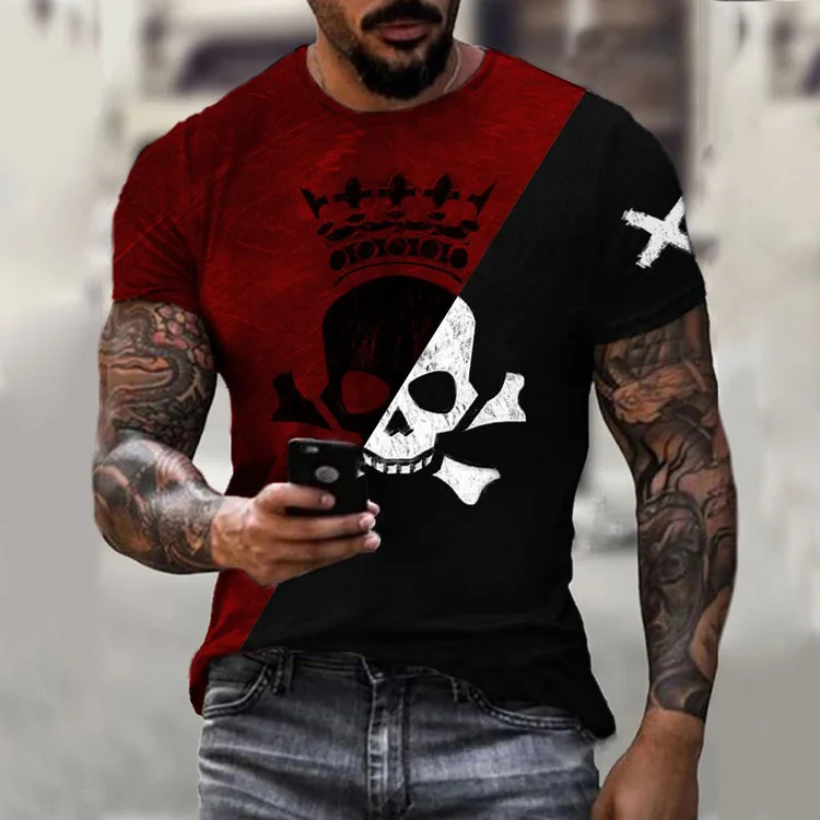 BrosWear Men's Fashion Contrast Color Skull Print T-Shirt