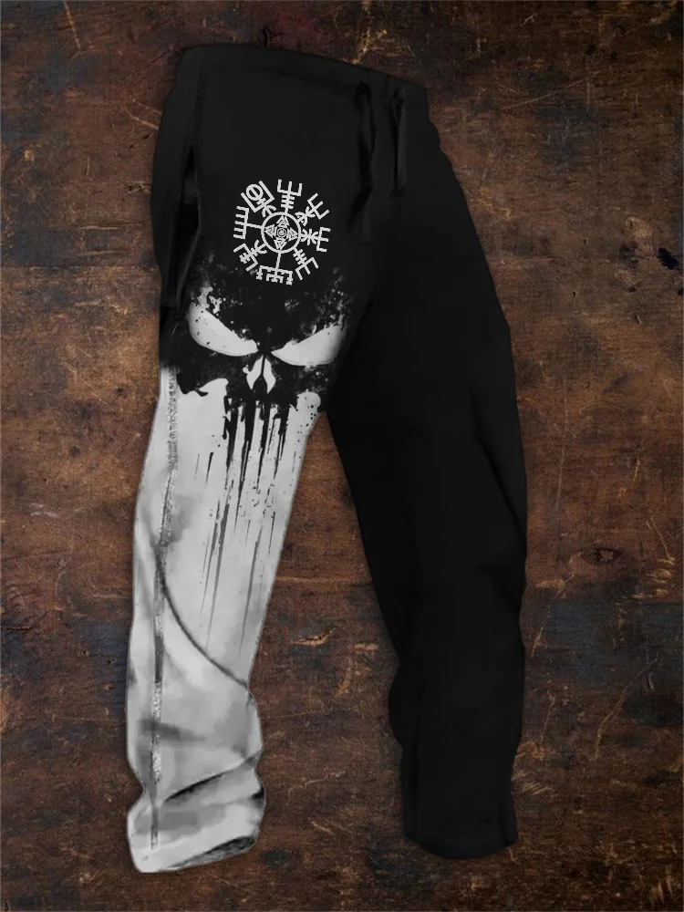 Wearshes Men's Vikng Vegvisir Skull Contrast Color Sweatpants