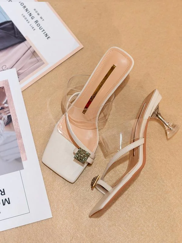 Square toe rhinestone flip flops crystal heel sandals