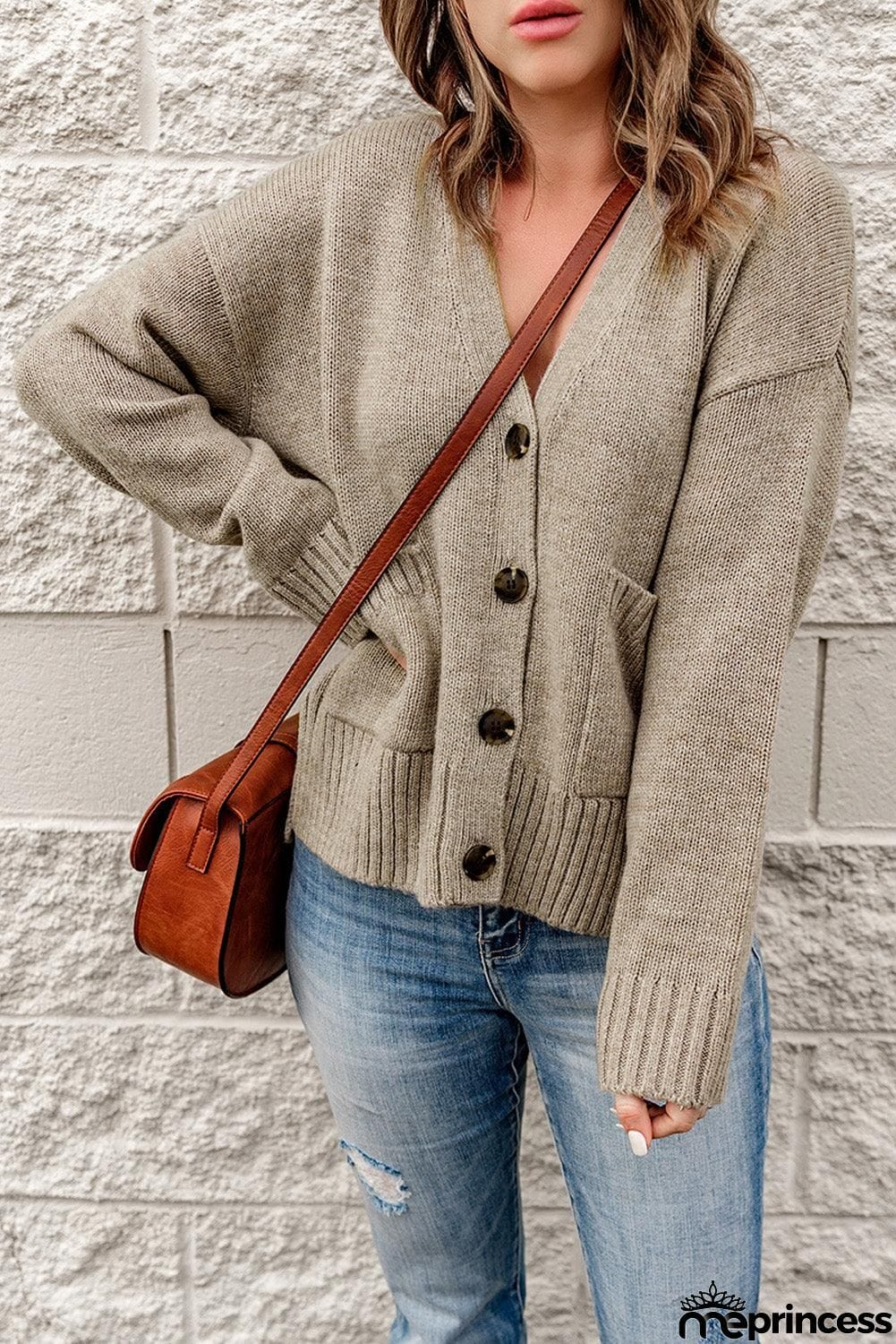 Ribbed Trim Button Down Cardigan with Pockets